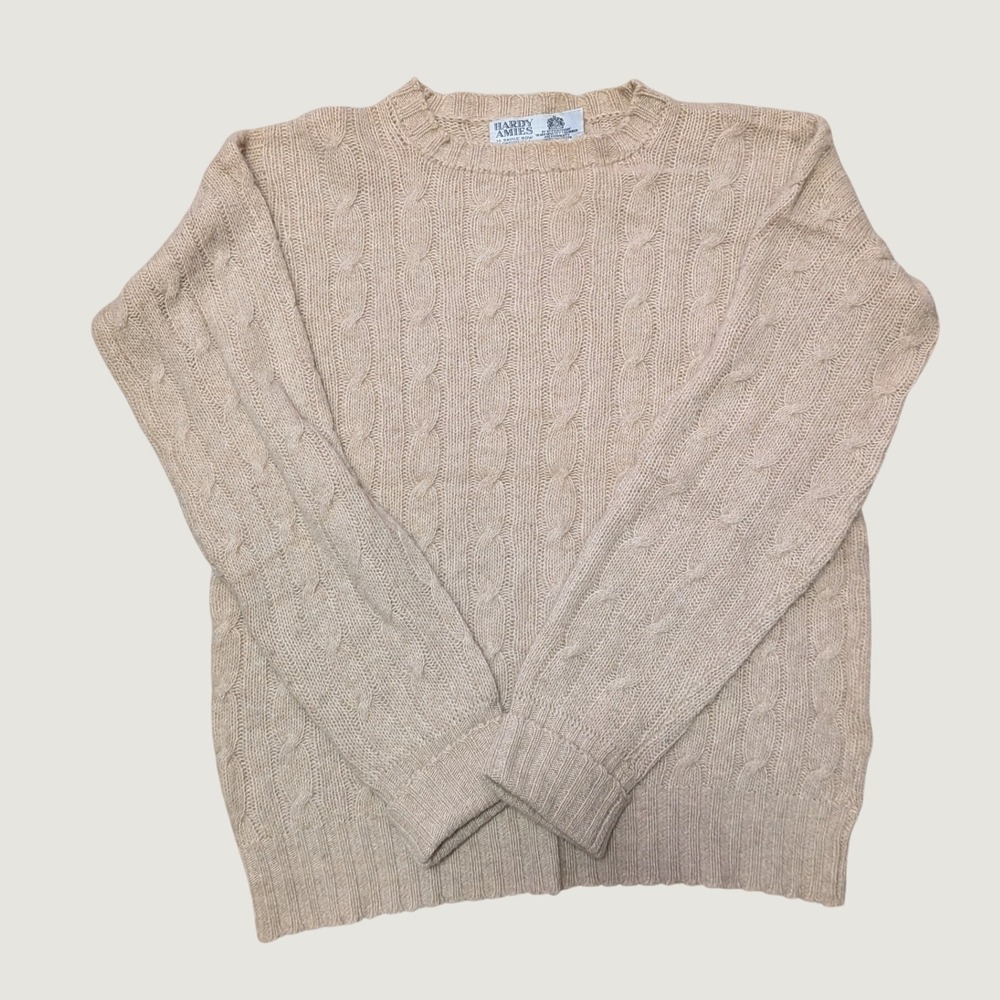 Vtg Hardy Amies Savile Row Sweater Mens Cable Knit Wool Cream Tan Royal Warrant